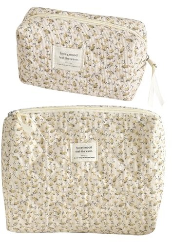 HTTDSLF 2 Pièces Grande Trousse Maquillage Femme, Élégante Trousse de Maquillage Florale, Femmes Filles Organisateur de Trousses de Maquillage pour Femmes pour Un Cadeau de Voyage (Jaune)