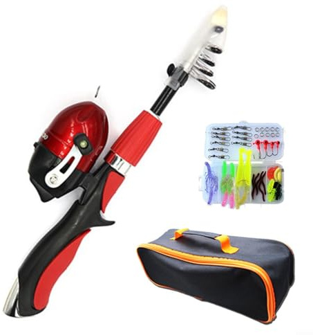 Glewi Kit de pesca con mosca de caña de pescar Set de viaje retráctil Carrete señuelos Bolsa de almacenamiento para actividades al aire libre para padres y deportes (rojo)