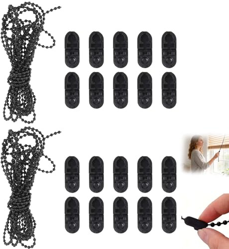 Cadena para Estores de 10 m con 20 Clips – Kit de Accesorios para Cortinas Enrollables, Persianas, Estores Romanos y Verticales – Diámetro 4.5×6 mm (Color Negro)