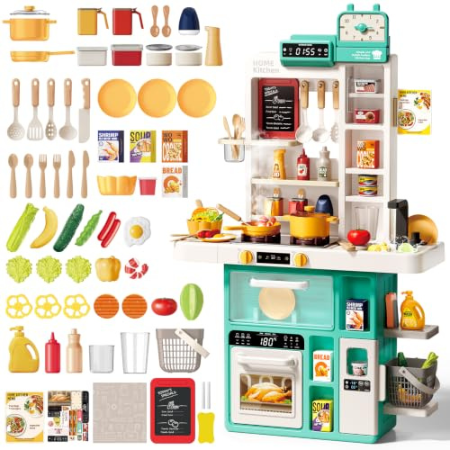 deAO Cucina Giocattolo per Bambini, 69 Pezzi con Luci, Suoni Cottura, Effetto Fiamma, Funzione Acqua con Vaporizzatore e Rubinetto, Fornello e Forno – Regalo 3+ anni(verde)
