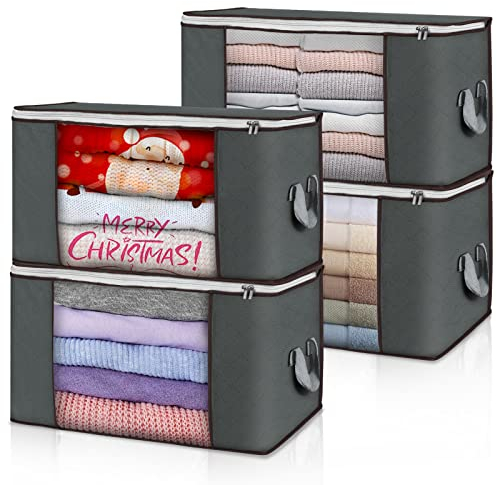 Budding Joy 4 Pack 90L Storage Bags, Large clothes storage bags with Zips Durable Handles Thick Fabric for Clothes, Bedding, Blankets, Comforters and Toys (Gray)