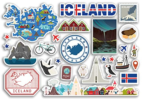 Foglio adesivo A5 Islanda punti di riferimento adesivi in vinile - mappa islandese timbro aeroporto, bandiera orizzonte viaggio vacanze paese città estetica #80299