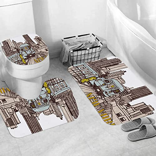 Badteppich 3 Stück Weiche saugfähige Badematten,Szene Street Hand Drawn Speed White Train Ink Industrial Urban mit Engine Yellow,Rutschfeste Badematte Teppiche & Toilettendeckelabdeckung Set Waschbar