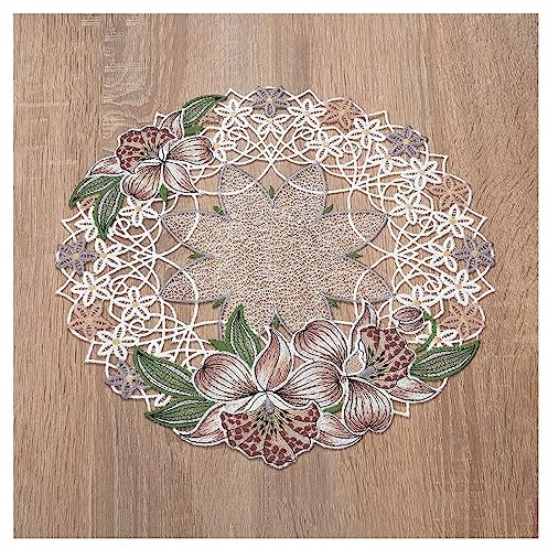 DSD Design-Studio Drechsler Deckchen Orchidee aus Echter Plauener Spitze gestickte Tischdecke mit Blumen-Muster in rosé 31 cm Durchmesser rund