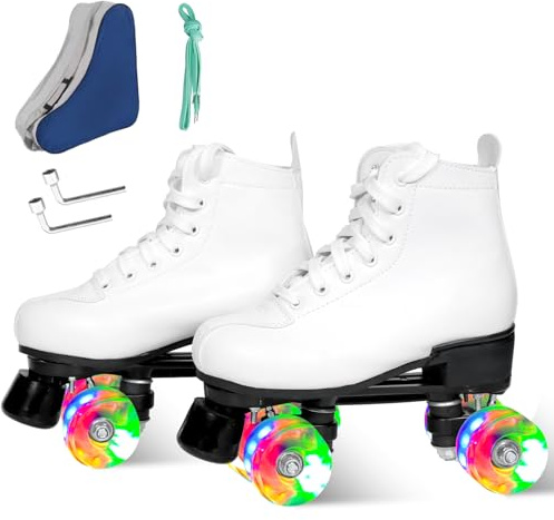 Wiwiy Roller Derby Skates for Women and Men,White Roller Skates for Outdoor Indoor, Adjustable Four Shiny Wheel Roller Skates(Women's 7 / Men's 6)