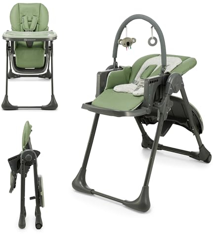 Kinderkraft TUMMIE Trona Bebé, 2 en 1, trona para niños, trona combinada, Asiento desde los primeros meses de vida, reposapiés, Posición tumbada, con juguetes, ajustable, Verde
