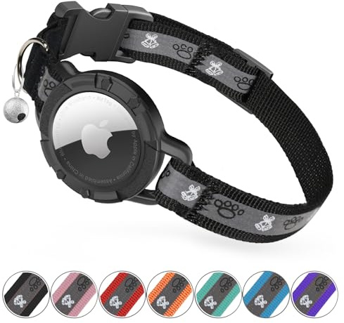 Reflective AirTag Cat Collar, Integrated Cat Tracker Collar with Air Tag Holder and Bell, Safety Elastic Band Cat GPS Collars for Girl Boy Cats, Kittens and Puppies (Black, S)