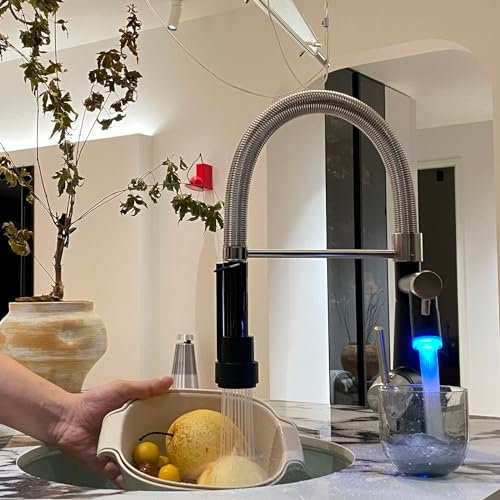 TIMACO Robinet de cuisine à LED avec serrure douchette extensible – Pivotant à 360° – Mitigeur monocommande & spray pull-down – Haute pression – Nickel brossé et noir