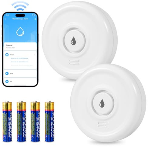 Detector de Fugas de Agua WiFi 2.4GHz Detector Fugas de Agua con Batería 100dB Alarma Inteligente Sensor de Agua, Smart Life App Control Detector de Agua para Cocina Sótano Baño (Paquete de 2)