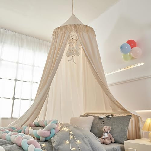 Ricemru Groß Betthimmel Baldachin Babybett Beige Kinderbett Mädchen Khaki Kinder Baby Himmel Rund Hängendes Kuppel Moskitonnetz Deko 400cm