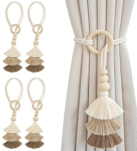 XFSRG 4 Pièces Embrasses Rideaux Anneaux Bois avec Pompons Élégants Attaches Rideaux Bohème Embrasses Rideaux Beige Embrasses pour Décoration de Maison Bureau Salon Chambre Fenêtre