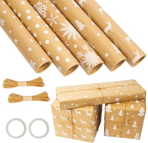 5 Rollen papier Recyclable d'emballage cadeau,43cm x 3m Kraft Rouleau, Accessoire Corde en Chanvre *2 + Ruban Adhésif Double face *1Pour Papier Cadeau Noel,Anniversaire, Fêtes, Mariage et Bébé
