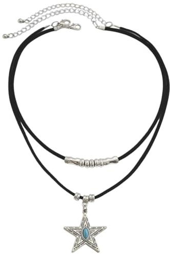 CALFOVERA 2 Collar Bohemio de Cuero Sintético Turquesa para Mujer, Gargantilla Estilo Western, Estilo Vaquero Y Vaquera, Ajustable, de Doble Capa, con Colgante de Estrella para Uso Diario.