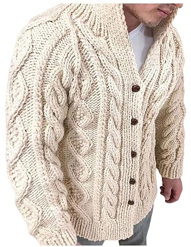 Generisch Cárdigan de punto con patrón trenzado, chaqueta de invierno para hombre, punto grueso, cuello alto, sudadera con botones, chaqueta de punto monocolor, corte regular, suéter grueso, Blanco