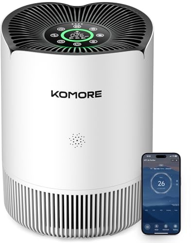 KOMORE Air Purifier for Bedroom, Smart WiFi Hepa Air Purifier for Home, CADR 158m³/h, PM2.5 Monitor, 4 Speed Quiet Sleep Auto Mode with Timer Child Lock Air-purifier for Smoke Pet Odors Pollen