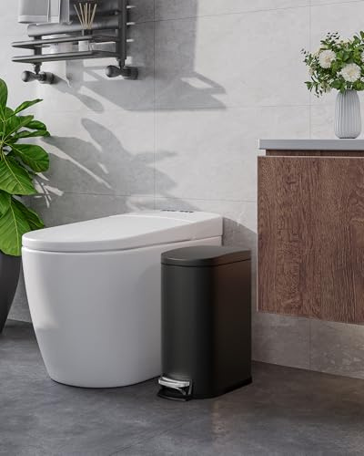 GarveeHome 10-Liter Edelstahl-Badezimmer-Mülleimer mit Edelstahl-Deckel, Fußpedal, wasserdicht, kleiner Metall-Mülleimer mit Fußbetätigung, Inneneimer, hinterem Griff, Soft-Close, Schwarz