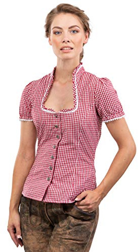 Schöneberger Trachten Couture Blusa Tradicional Jazmín - Elegante, Blusa a Cuadros y de Cintura - con Hermosos Botones de corazón (36, Rojo/Blanco)