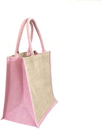 Medium Large Natural Jute Bag with Contrasting Blue Handle and Blue Sides and Natural Jute Bag with Pink Handle and Sides Pack Size 1 to 100 30cm x 30cm x 20cm (Pink Sides & Handles, 3)