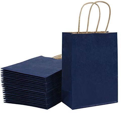 Loveinside 21X11X27 cm Bolsas de Papel Bolsas Medianas Kraft Azul Oscuras Bolsas de Regalo a Granel con Asas para Cumpleaños, Boda y Fiesta Favores 25Pieza/Juego