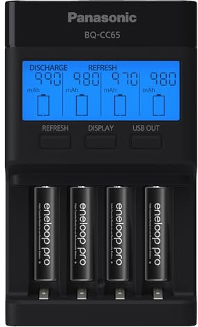 Panasonic K-KJ65K3A4BA Super Advanced 4-Position Quick Charger with LCD Indicator Panel, USB Charging Port and 4AAA eneloop pro Rechargeable Batteries, Black