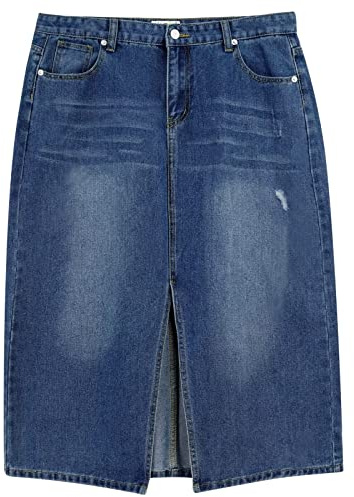 s.lemon Faldas de Mezclilla, Mujer Una Línea Longitud Rodilla Midi Faldas Jeans con Ranura,Azul L