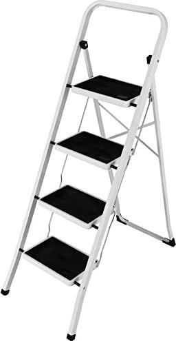 Bakaji Escalera Plegable Cuadrada para Ahorrar Espacio con peldaños Antideslizantes y asa de Seguridad, Taburete Escalera, Estructura Acero y Revestimiento de Goma, Capacidad máx 150 kg (4 peldaños)