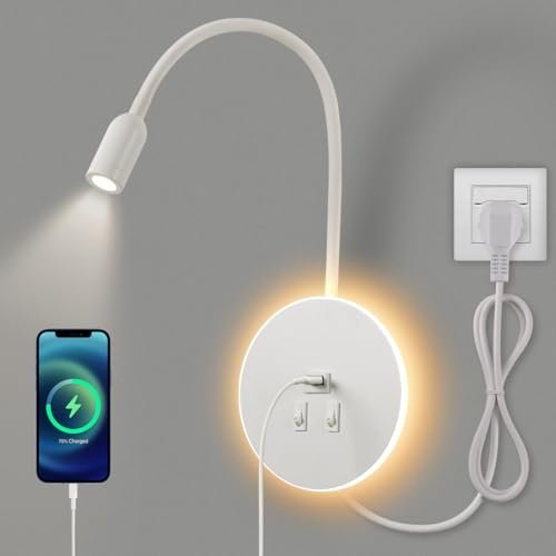 AWEKLIY LED Schwanenhals leselampe wandlampe USB-Aufladung mit schalter verstellbarer Strahler wandleselampe Bettlampe innen Leselicht Schlafzimmer (3W 3000K+8W 6000K) mit Stecker und Kabel,Weiß