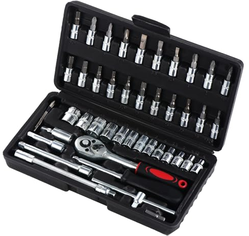 46PCS Ratchet Socket Set 1/4 Drive Socket Wrench Set with Bit Extension Bar Metric Ratchet Wrench Tool for DIY Car Repair