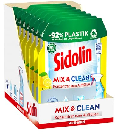 SIDOLIN Mix & Clean Konzentrat zum Auffüllen Zitrus (8 x 125 ml), All in 1 Glasreiniger für Sauberkeit, Glanz & Schutz, Fensterreiniger mit Bio-Alkohol, -92% Plastik im Vergleich zur Originalflasche