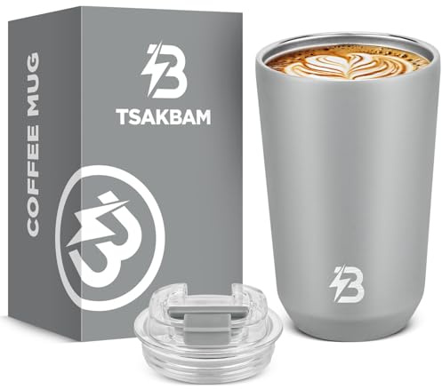 TSAKBAM Kaffeebecher to Go Thermo 360ml, Edelstahl Thermobecher Kaffee to Go Auslaufsicher, Thermotasse mit Deckel Doppelwandig Isoliert(Grau)