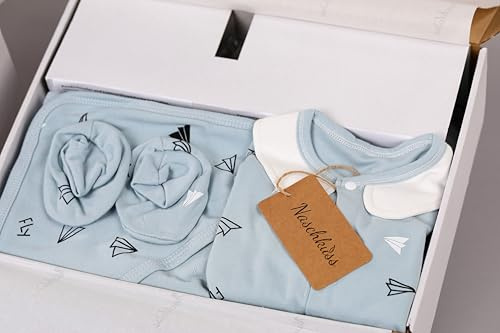 Presentset för nyfödda – Babykläder i 100 % bomull med nappflaska och napp – Unisex 0–6 månader – Naschkuss® 22-delars set för födsel, babyshower eller startpaket