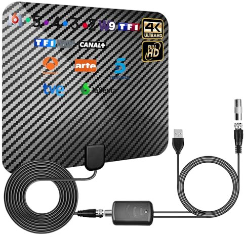 DVB-T2 Antenne, DVBT2 Antenne, Zimmerantenne für Fernseher mit Verstärker, DVB-T2 Antenne, 5 m Kabel, Großer Reichweite und 360° Empfang, Unterstützt 4K HD Kanäle und Alle TV Geräte