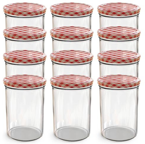 Oputec 12 x 440 ml Einmachgläser mit TO 82 Schraubdeckel rot kariert – Perfekt für Marmeladen, Konfitüren und mehr, große Gläser mit Deckel, ideal als Marmeladengläser und Schraubgläser