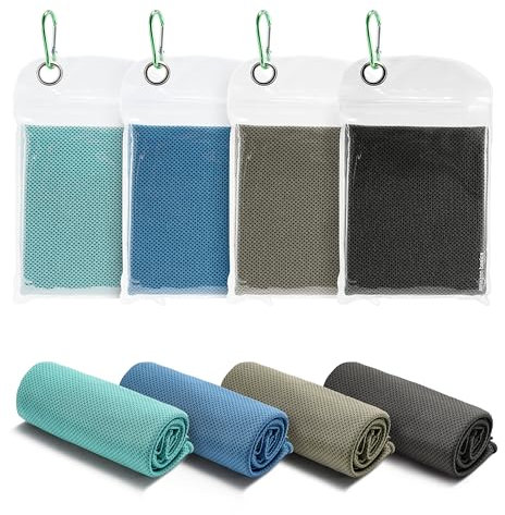 Amazon Basics Gym Cooling Towels for Neck and Face, Working Out, 102 cm x 31 cm, 4-Pack, Black/Gray/Aqua/Navy