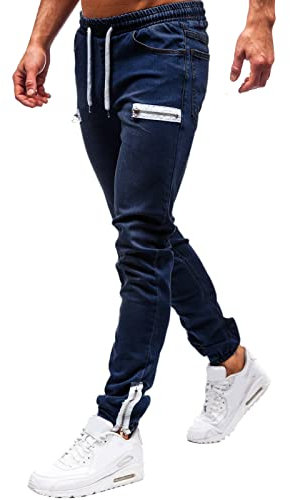 Pantaloni in denim elasticizzati da uomo, aderenti, con cerniera alla caviglia, vita elasticizzata, coulisse, pantaloni in denim skinny con tasche con cerniera, Blu scuro, XL