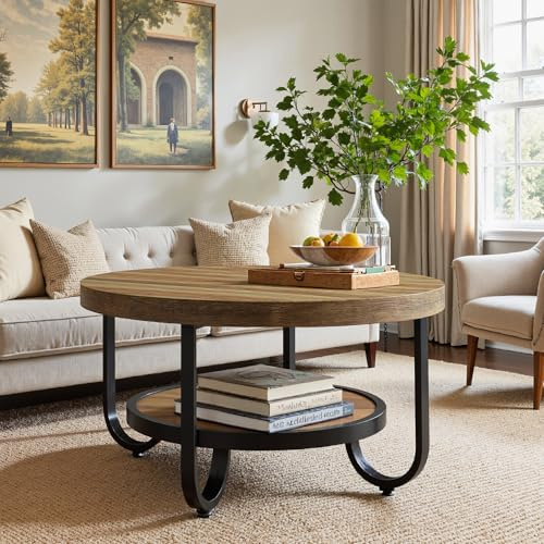Tribesigns 2-Tier Round Coffee Table with Storage Shelf for Living Room, 31.1-Inch Center Cocktail Table with Sturdy Curved Metal Legs, Easy Assembly (Brown)