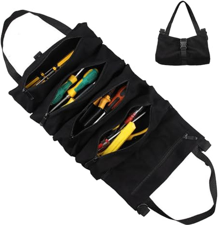 Jortmrd Bolsa de Herramientas Enrollable, Bolsa Herramientas Pequeña Tejido Oxford con 5 Bolsillos con Cremallera, Tool Bag Ideal para Electricistas, Fontaneros (Negro)