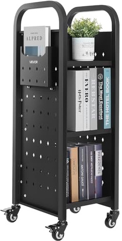 VEVOR Carrello Portalibri con Ruote 320 x 350 x 935 mm Carrello Rotante Porta Libri, Carico 100 kg Ripiani a L Monofacciali con Ruote Bloccabili 5 cm per Scaffali di Casa, Ufficio e Scuola, Nero