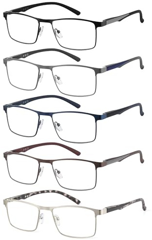 JM 5 Pack Rectangular Reading Glasses Men, Blue Light Blocking Computer Readers, Metal Thin Frame Spring Hinge Eyeglasses, 3.0+