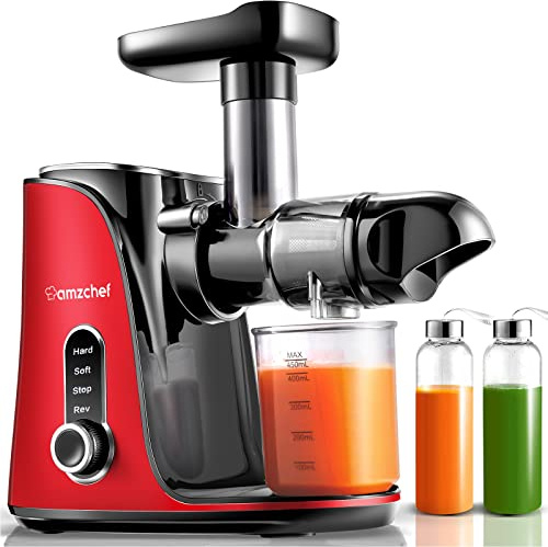 AMZCHEF Spremiagrumi frutta e verdura con 2 modalità di velocità - Spremiagrumi Slow Juicer con bottiglia portatile e 2 tazze - BPA Free Cold Press Juicer - Rosso