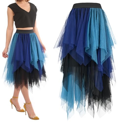 ouhos Falda midi de tul para mujer, cintura alta, falda plisada irregular falda tutú de ballet, falda patinadora, carnaval, fiesta, azul, Medium-Large
