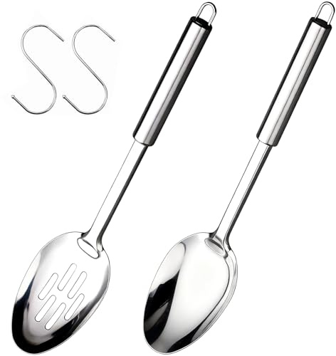 Houbobo 2 Pcs Cooking Spoons Set, 32cm Hardwearing Stainless Steel Large Serving Spoon and Slotted Spoon for Home Baking, Cooking, Stirring, Premium Quality Housewarming Gifts for Everyday Use