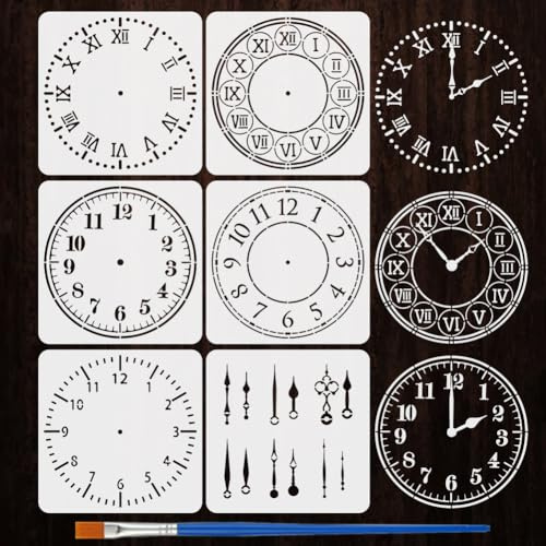 FINGERINSPIRE 6 Pz Stencil per Dipingere il Quadrante Dell'Orologio con Pennello 30x30cm Stencil per Orologio con Numeri Romani Stencils per Disegno Stencils per Pittura su Legno, Tela, Carta, Tessuto