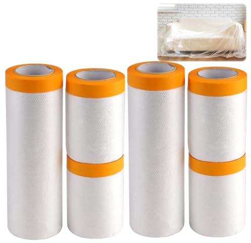 6 Rouleaux de Film de Masquage avec Ruban Adhésif Transparente (4 x 55 cm×20 m + 2 x 150 cm×20 m), Blebâches Anti-Poussière en Plastique avec Ruban Adhésif Bache De Protection Peinture