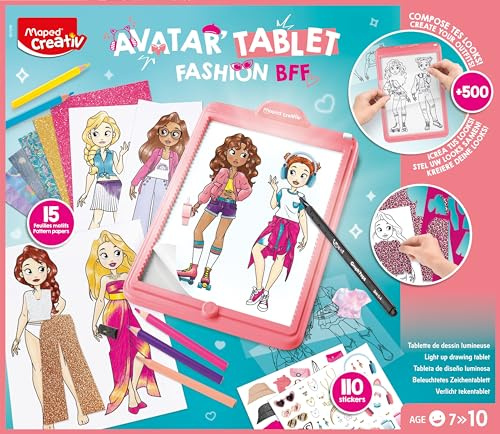 Maped Creativ Avatar Fashion BFF - Máquina de Dibujo Luminoso para Diseñar Avatares, Kit de Moda con Plantillas y Papeles Estampados, Set de Dibujo Creativo con Pegatinas, a partir de 7 Años