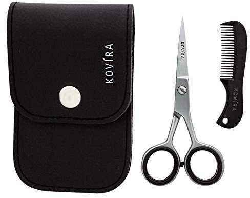 Kovira Bart und Schnurrbart Schere mit Bartkamm für Präzises Schneiden und Bartpflege - Bartschere 11,43 cm lang – Japanisches Edelstahl Scharfe Klingen – Bartpflegesets Bart Stutzen Nasenhaarschere