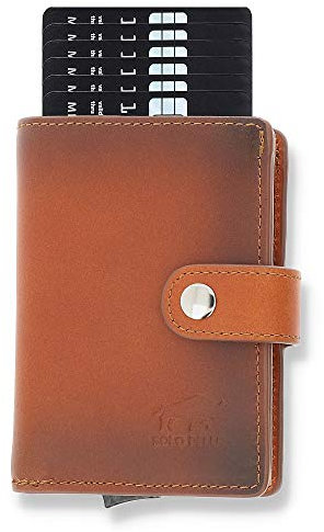 Solo Pelle Geldbörse für 15 Karten + Geldscheine + Kleingeld geeignet | Kreditkartenetui Kartenetui mit RFID aus echtem Leder Q-Wallet (Cognac Braun Burned + Kleingeldfach) gebrauchtes Aussehen