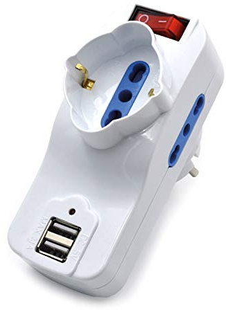 Adattatore Compatto bianco - con 2 Prese Italiane 10/16A, 1 presa Schuko/Italiana (Tedesca) 10/16A e 2 Prese USB - Spina Schuko 16A con Interruttore