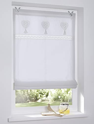 Store bateau Camille romantique broderie dentelle cœur oeilets sans perçage blanc 45 x 140 cm (L x H)