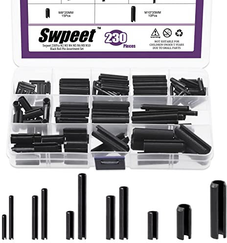 Swpeet Assortiment de 230 pièces de 11 tailles M2 M3 M4 M5 M6 M8 M10 noir avec étui de rangement, goupille à ressort fendue en acier noir pour amélioration de la maison et réparation automobile